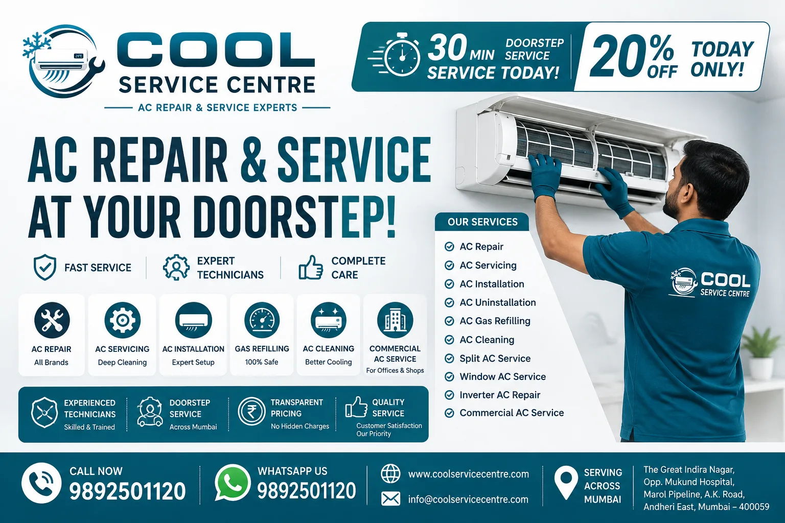 Cool Service Centre AC repair and service banner: 30 minute doorstep service, 20% off today, and AC services across Mumbai